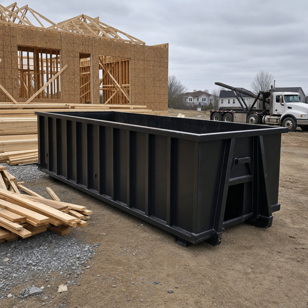Matte-black 40-yard roll-off dumpster staged on a framed-out residential construction site in Omaha, framing lumber stacked nearby, hooklift delivery truck visible in the background under bright Colorado daylight