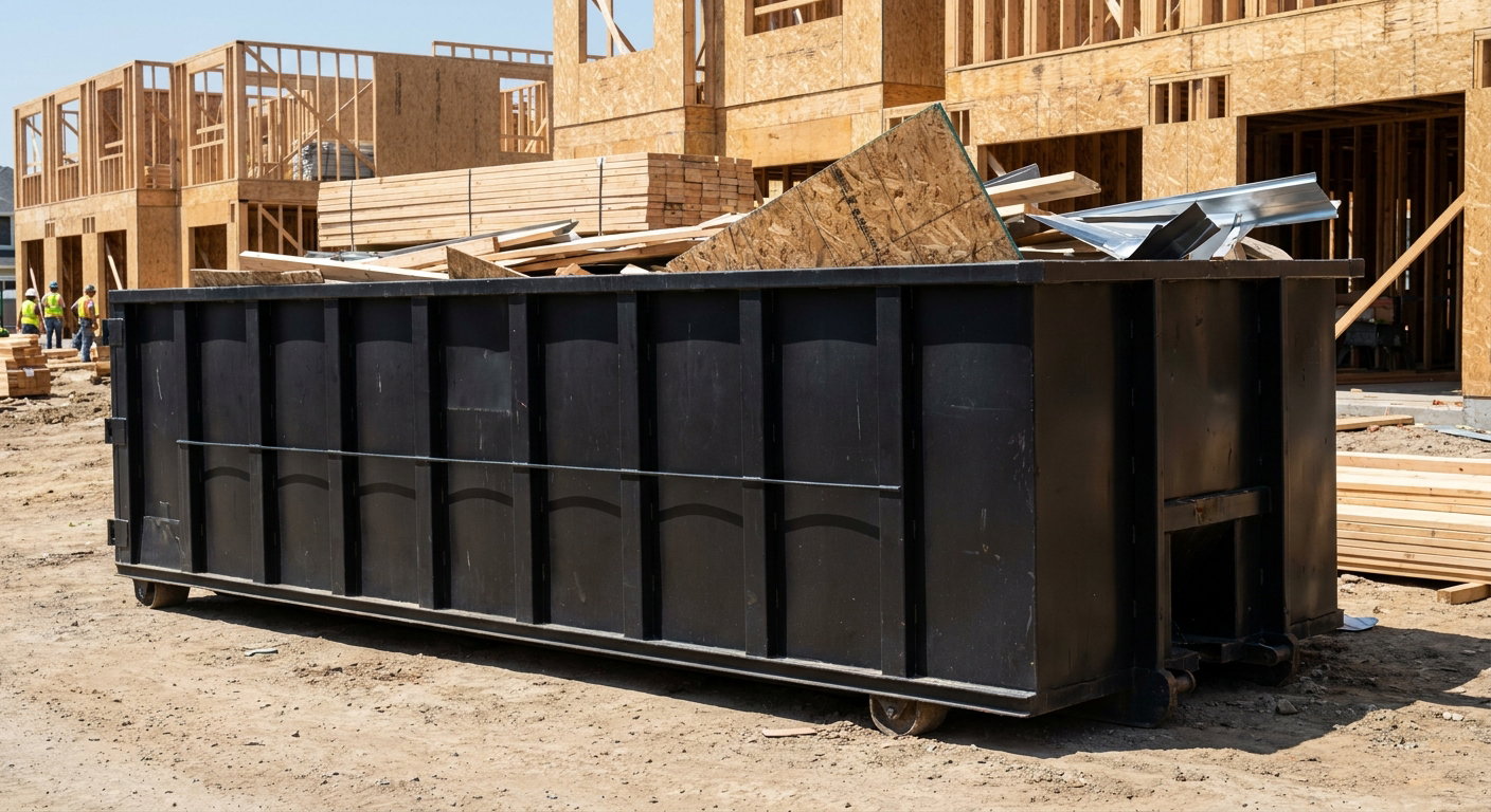 Matte-black 40-yard roll-off construction dumpster being lowered from a white-cab hooklift delivery truck onto the compacted-dirt jobsite at a commercial build site in Omaha