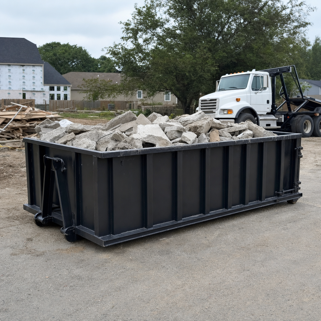 Low-profile matte-black lowboy roll-off dumpster loaded with broken concrete slab and rebar at a foundation tear-out in Omaha, skid steer parked beside it, sunny Colorado morning