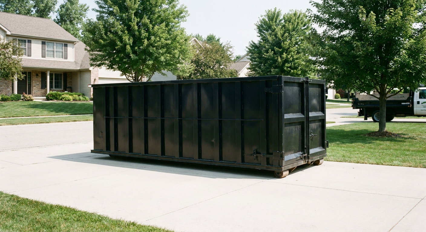 Matte-black 20-yard roll-off dumpster sitting level on a clean Omaha residential concrete driveway under bright daylight, demonstrating clean placement directly on the concrete.