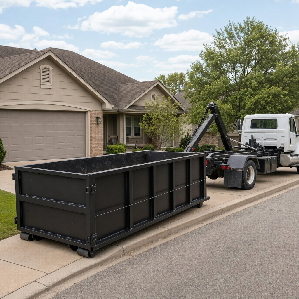 Wide documentary shot of a matte-black roll-off dumpster on a Omaha residential driveway in the foreground and a contractor jobsite container in the soft-focus background, bright daylight, calm and orderly composition.
