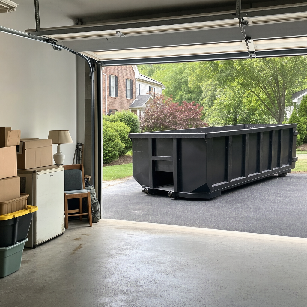 Open garage interior in a Omaha home mid-cleanout — boxed items, an old appliance, and stacked yard tools queued near the driveway for a matte-black roll-off dumpster, organized and calm