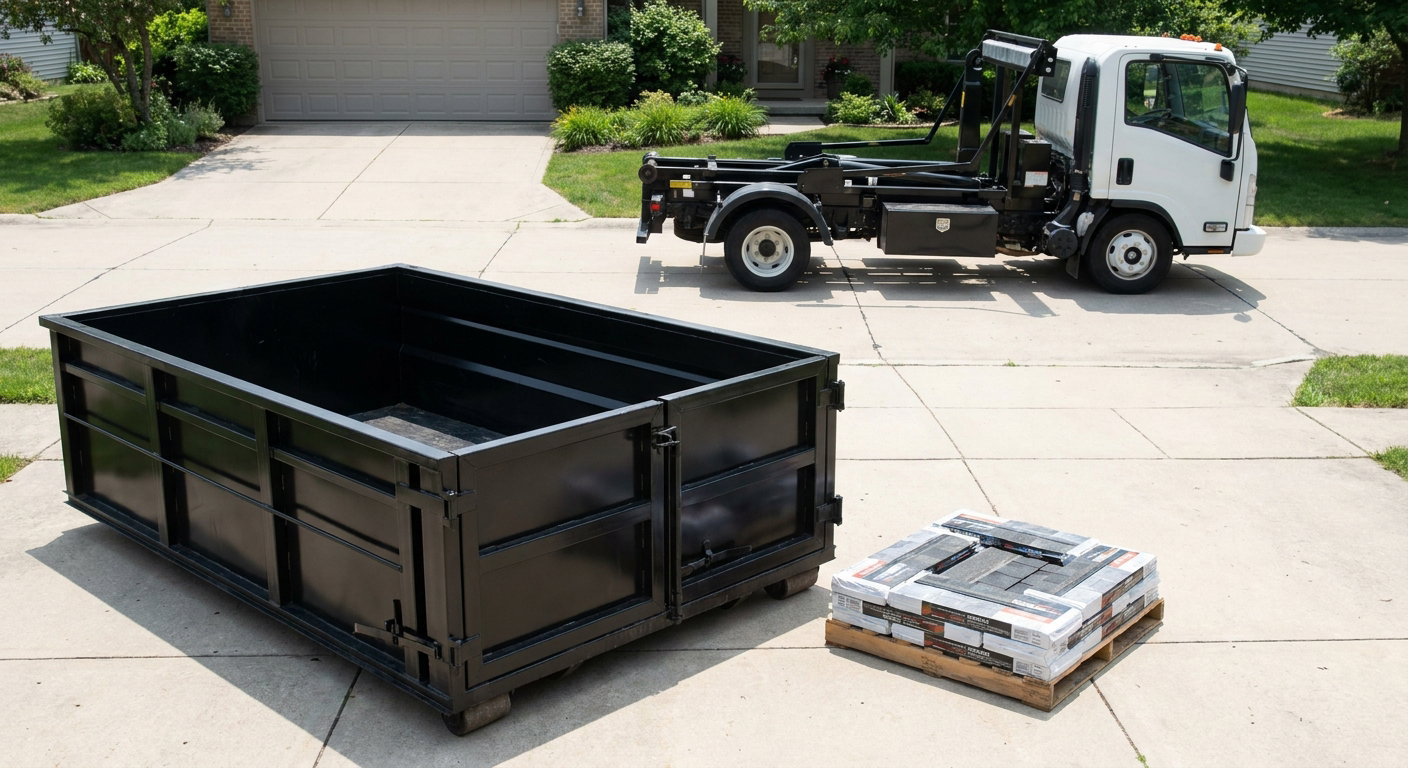 Matte-black 15-yard roofing roll-off dumpster with reinforced low side walls sitting directly on a Omaha residential concrete driveway, three-tab asphalt shingle bundles stacked nearby, an unmarked white hauler truck partially visible at the edge of the frame.
