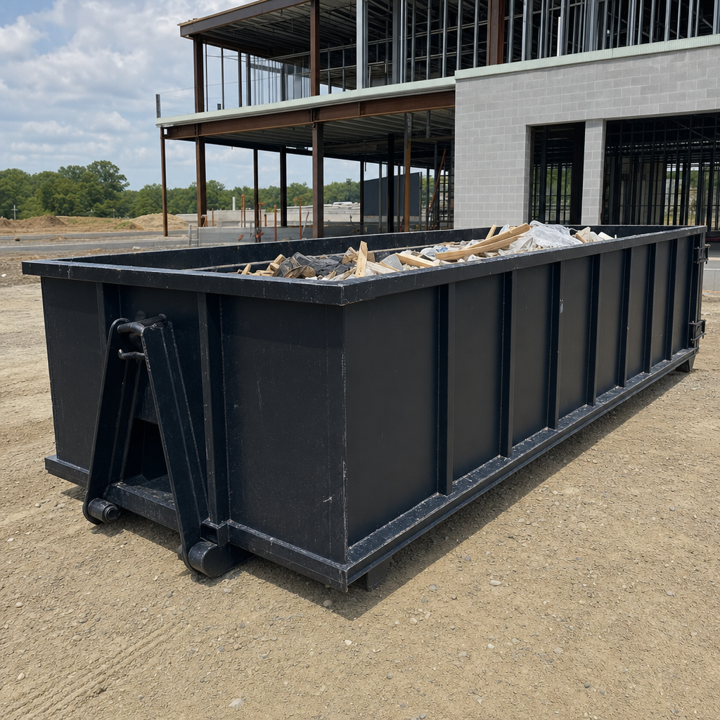A matte-black 40-yard roll-off dumpster staged on a large Omaha commercial construction lot, with a hooklift delivery truck parked alongside under bright midday sky.